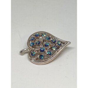 Unsigned Silver Tone & AB Rhinestone Leaf Shape Brooch Pin